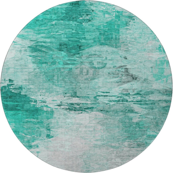 HomeRoots 8' Teal And Ivory Abstract Round Rug - Washable, UV-Protected, Durable for High-Traffic Areas! 650743
