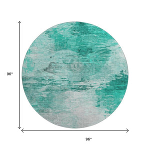 HomeRoots 8' Teal And Ivory Abstract Round Rug - Washable, UV-Protected, Durable for High-Traffic Areas! 650743