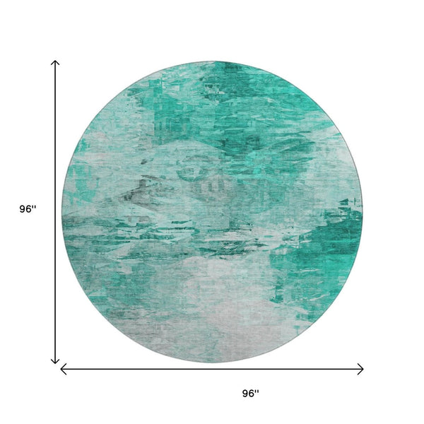HomeRoots 8' Teal And Ivory Abstract Round Rug - Washable, UV-Protected, Durable for High-Traffic Areas! 650743