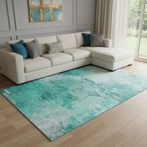 HomeRoots 8' X 10' Stylish Teal & Ivory Abstract Area Rug - Washable, UV-Protected, Perfect for Busy Homes! 650744