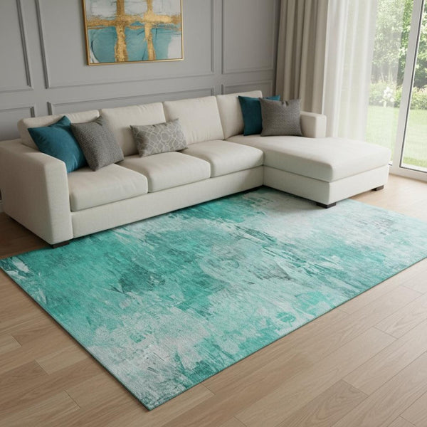 HomeRoots 8' X 10' Stylish Teal & Ivory Abstract Area Rug - Washable, UV-Protected, Perfect for Busy Homes! 650744