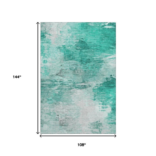 HomeRoots 9' X 12' Teal and Ivory Abstract Area Rug - Durable, Washable, UV-Protected, Perfect for High-Traffic Spaces 650745