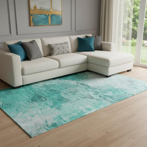 HomeRoots 9' X 12' Teal and Ivory Abstract Area Rug - Durable, Washable, UV-Protected, Perfect for High-Traffic Spaces 650745