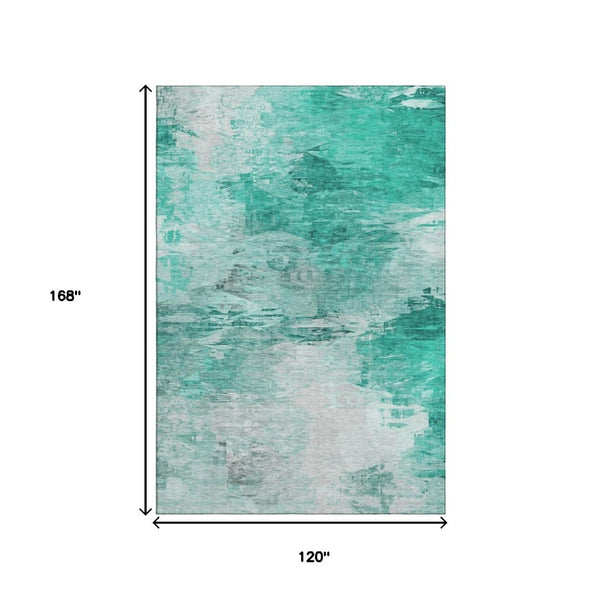 HomeRoots 10' Teal & Ivory Abstract Area Rug - Washable, UV Protected, Durable Design for High-Traffic Spaces 650746