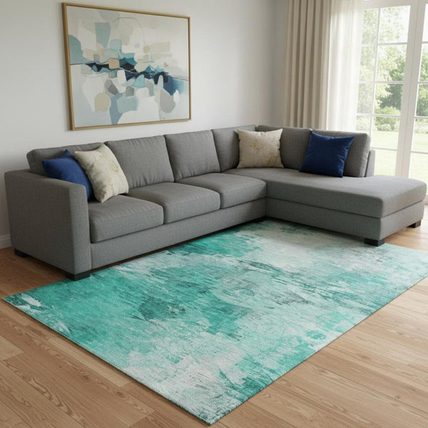 HomeRoots 10' Teal & Ivory Abstract Area Rug - Washable, UV Protected, Durable Design for High-Traffic Spaces 650746