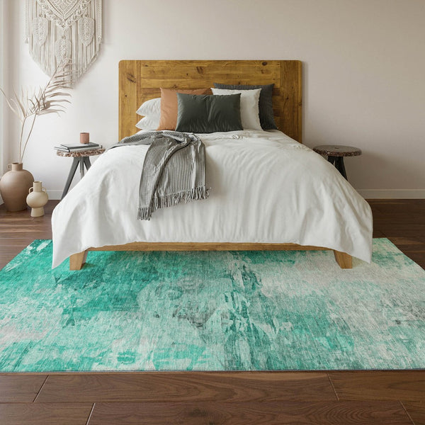 HomeRoots 10' Teal & Ivory Abstract Area Rug - Washable, UV Protected, Durable Design for High-Traffic Spaces 650746