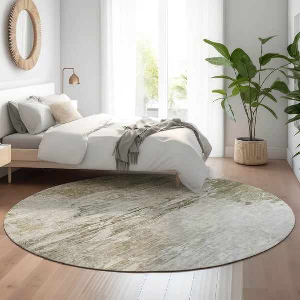 HomeRoots 8' Taupe and Ivory Abstract Washable Round Rug – Stain Resistant, UV Protected, Ideal for Families 650749