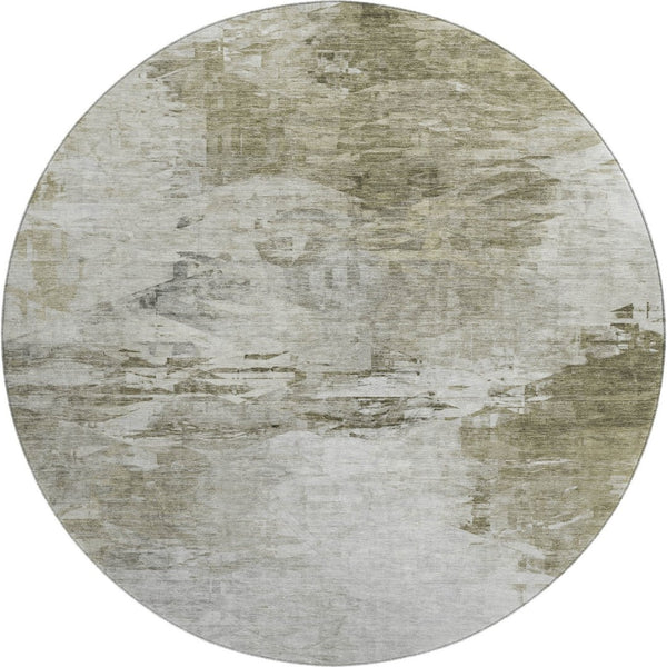HomeRoots 8' Taupe and Ivory Abstract Washable Round Rug – Stain Resistant, UV Protected, Ideal for Families 650749