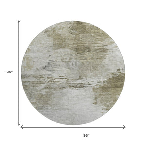 HomeRoots 8' Taupe and Ivory Abstract Washable Round Rug – Stain Resistant, UV Protected, Ideal for Families 650749
