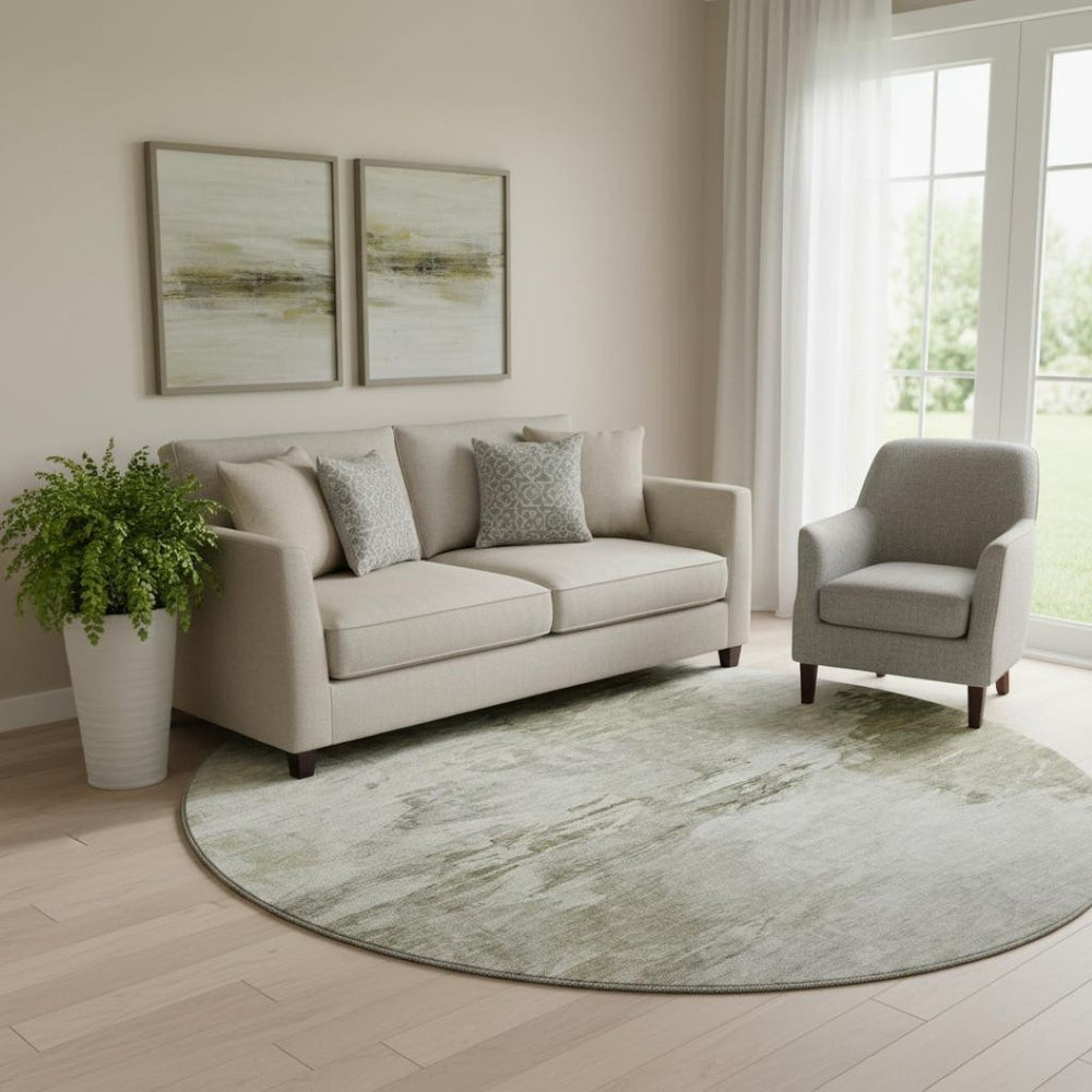 HomeRoots 8' Taupe and Ivory Abstract Washable Round Rug – Stain Resistant, UV Protected, Ideal for Families 650749