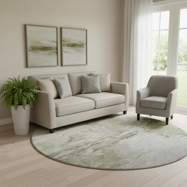 HomeRoots 8' Taupe and Ivory Abstract Washable Round Rug – Stain Resistant, UV Protected, Ideal for Families 650749
