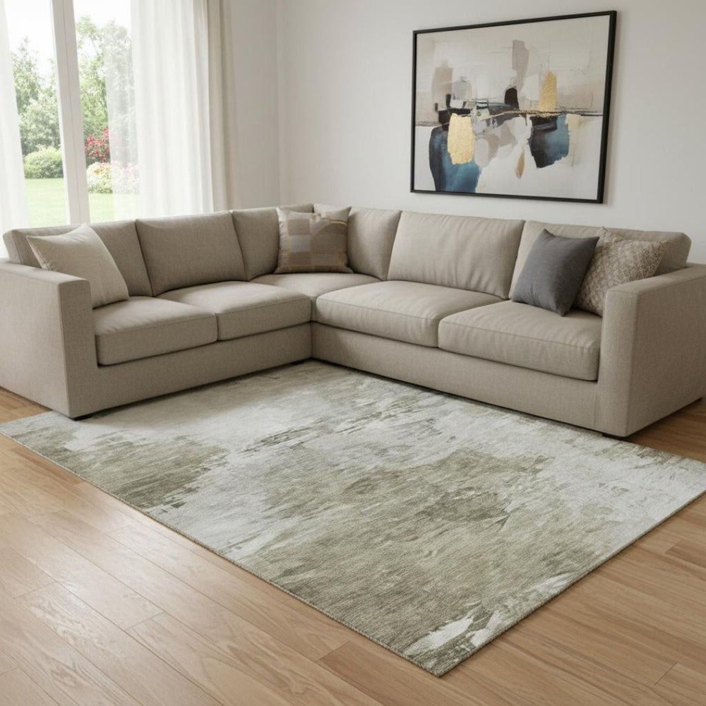 HomeRoots 9' X 12' Taupe and Ivory Abstract Area Rug - Durable, Washable, UV-Protected for High-Traffic Spaces 650751