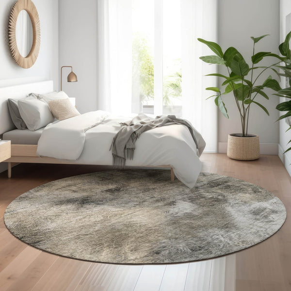 HomeRoots 8' Beige Gray and Ivory Abstract Round Rug - Washable, UV Protected, Stylish for Busy Homes 650755