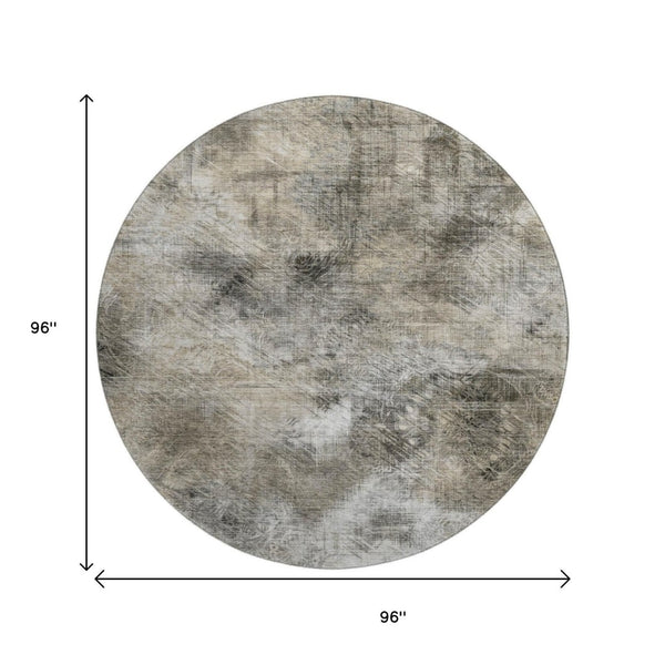 HomeRoots 8' Beige Gray and Ivory Abstract Round Rug - Washable, UV Protected, Stylish for Busy Homes 650755