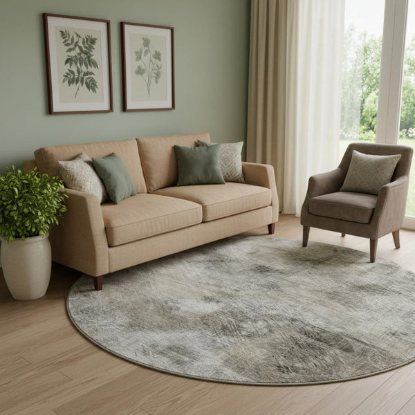 HomeRoots 8' Beige Gray and Ivory Abstract Round Rug - Washable, UV Protected, Stylish for Busy Homes 650755