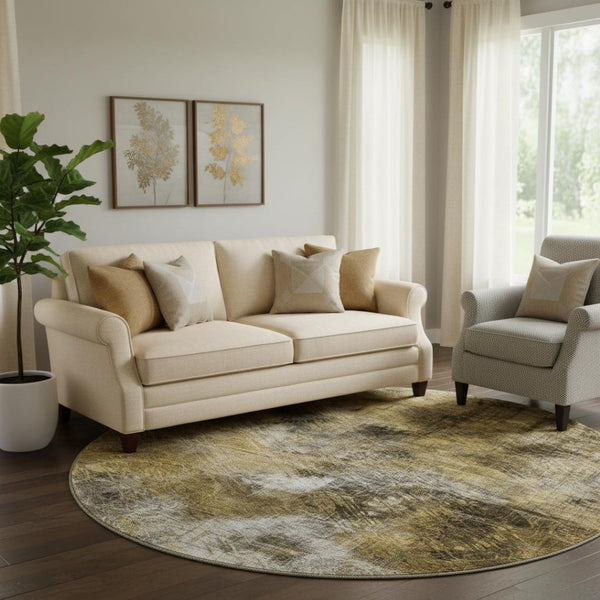 HomeRoots 8' Coffee Gray & Ivory Abstract Round Rug - Washable, UV-Protected, Perfect for Busy Homes! 650761