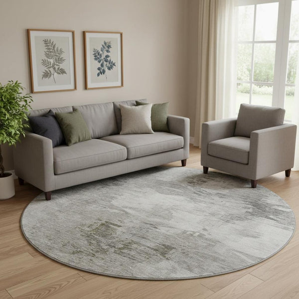 HomeRoots 8' Beige and Ivory Abstract Round Rug - Washable, UV Protected, Stain Resistant for Modern Homes! 650767