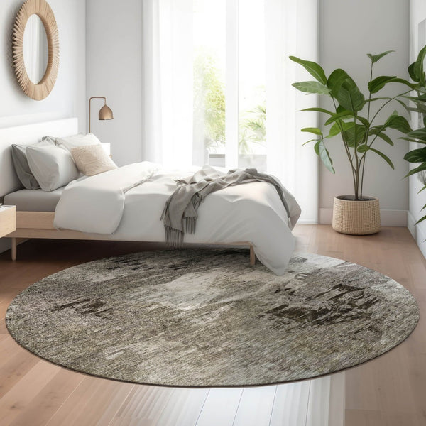 HomeRoots 8' Taupe and Ivory Abstract Washable Round Rug – Durable, Stylish, and UV Protected for Modern Living 650773