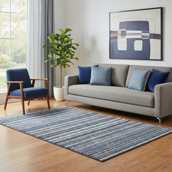 HomeRoots 5' X 8' Stylish Blue and Gray Striped Washable Area Rug with UV Protection for High-Traffic Spaces 650778