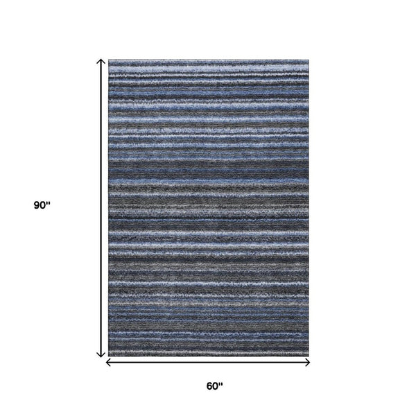 HomeRoots 5' X 8' Stylish Blue and Gray Striped Washable Area Rug with UV Protection for High-Traffic Spaces 650778