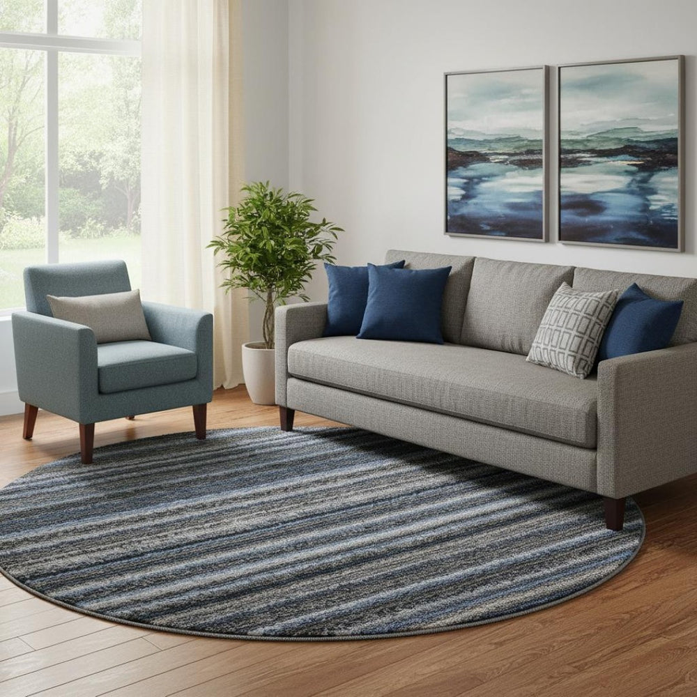 HomeRoots 8' Blue And Gray Striped Washable Round Rug - Soft, Durable, UV Protected for Homes with Kids & Pets 650779