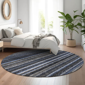 HomeRoots 8' Blue And Gray Striped Washable Round Rug - Soft, Durable, UV Protected for Homes with Kids & Pets 650779