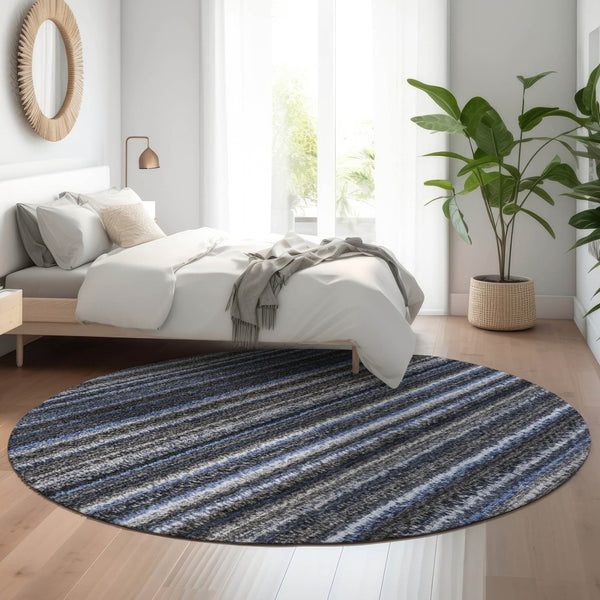 HomeRoots 8' Blue And Gray Striped Washable Round Rug - Soft, Durable, UV Protected for Homes with Kids & Pets 650779