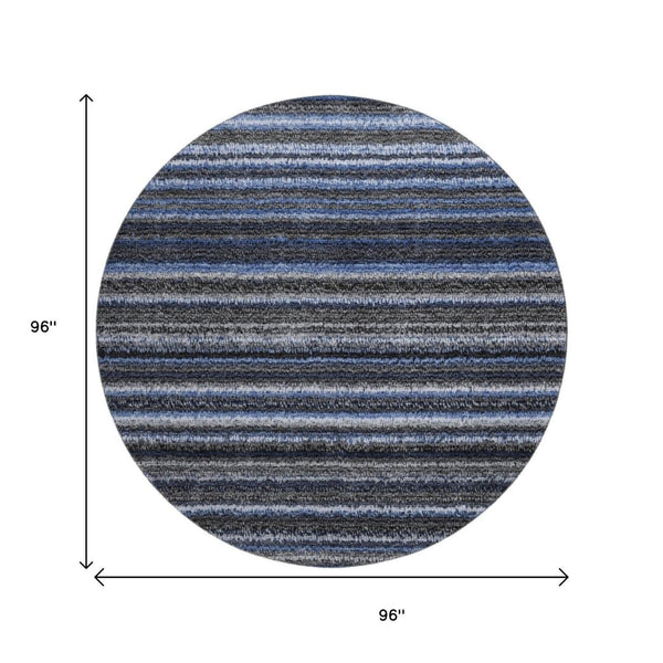 HomeRoots 8' Blue And Gray Striped Washable Round Rug - Soft, Durable, UV Protected for Homes with Kids & Pets 650779