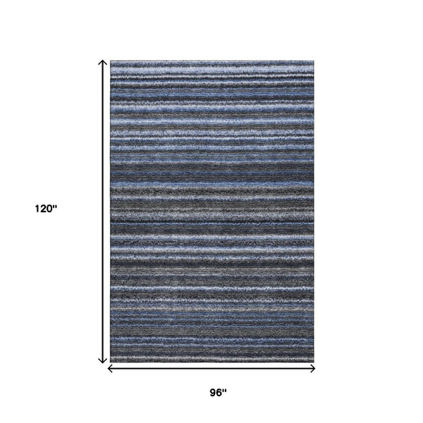 HomeRoots 8' X 10' Washable Blue and Gray Striped Area Rug with UV Protection for High-Traffic Spaces 650780