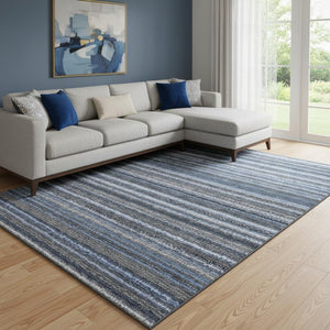 HomeRoots 8' X 10' Washable Blue and Gray Striped Area Rug with UV Protection for High-Traffic Spaces 650780