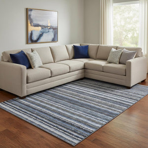HomeRoots 9' X 12' Blue and Gray Striped Washable Area Rug with UV Protection for High-Traffic Spaces 650781