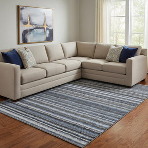 HomeRoots 10' Blue and Gray Striped Washable Area Rug - UV Protected, Stain-Resistant, Perfect for Family Spaces! 650782
