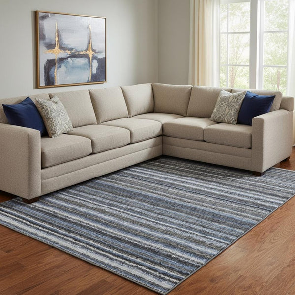 HomeRoots 10' Blue and Gray Striped Washable Area Rug - UV Protected, Stain-Resistant, Perfect for Family Spaces! 650782