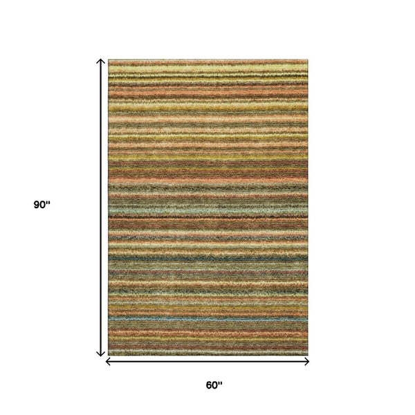 HomeRoots 5' Coral Green & Blue Striped Washable Area Rug - UV Protected, Durable & Stain-Resistant Design! 650784