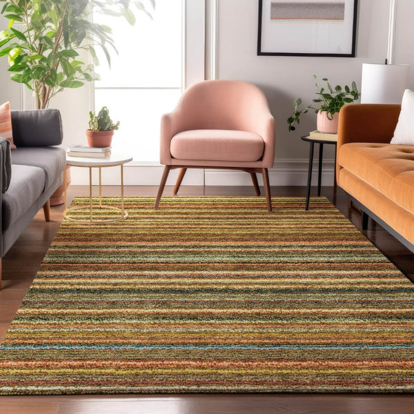 HomeRoots 5' Coral Green & Blue Striped Washable Area Rug - UV Protected, Durable & Stain-Resistant Design! 650784