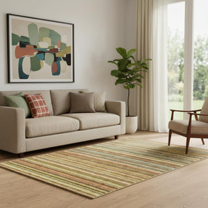 HomeRoots 5' Coral Green & Blue Striped Washable Area Rug - UV Protected, Durable & Stain-Resistant Design! 650784