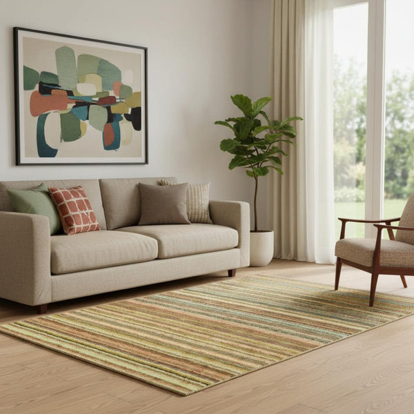 HomeRoots 5' Coral Green & Blue Striped Washable Area Rug - UV Protected, Durable & Stain-Resistant Design! 650784