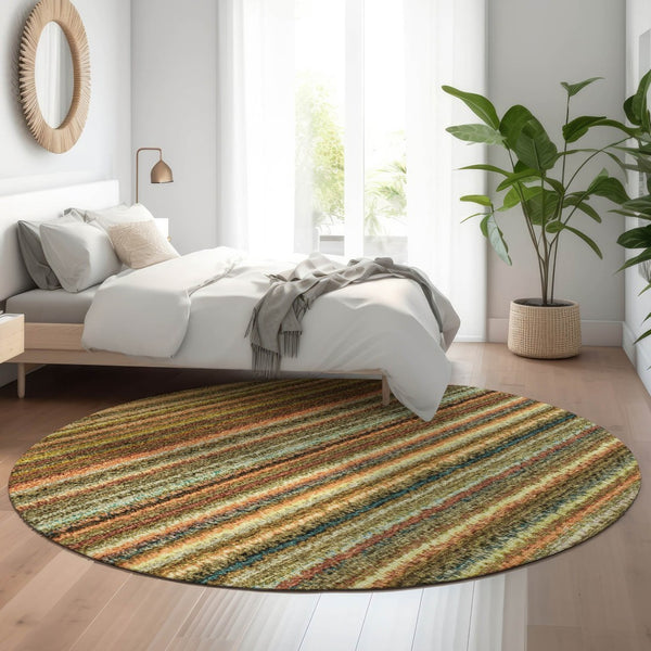 HomeRoots 8' Coral Green & Blue Striped Round Rug – Washable, UV-Protected, Ideal for High-Traffic Areas 650785