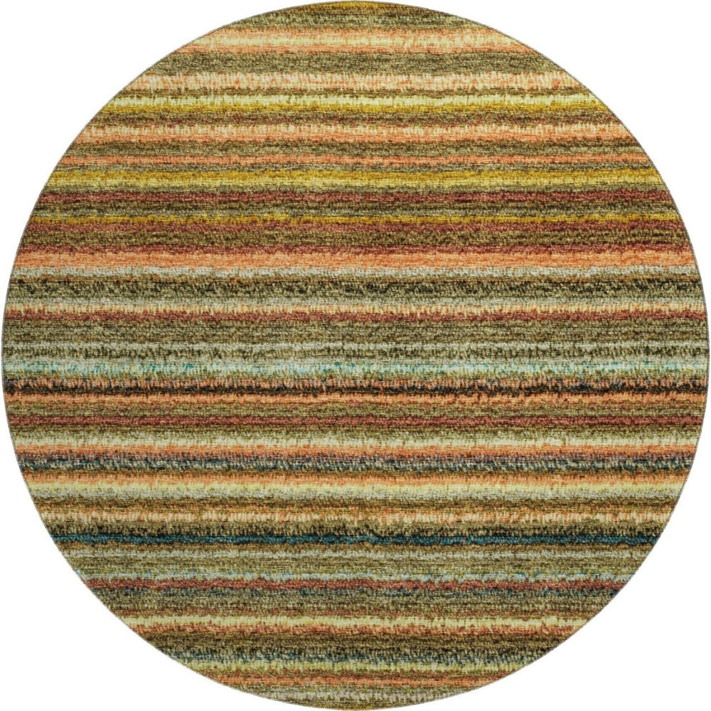 HomeRoots 8' Coral Green & Blue Striped Round Rug – Washable, UV-Protected, Ideal for High-Traffic Areas 650785
