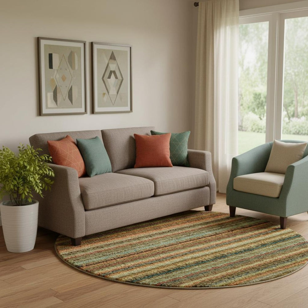 HomeRoots 8' Coral Green & Blue Striped Round Rug – Washable, UV-Protected, Ideal for High-Traffic Areas 650785