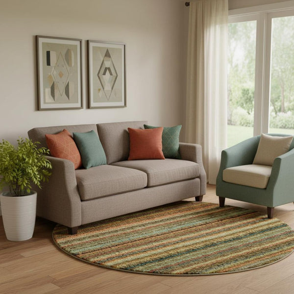 HomeRoots 8' Coral Green & Blue Striped Round Rug – Washable, UV-Protected, Ideal for High-Traffic Areas 650785