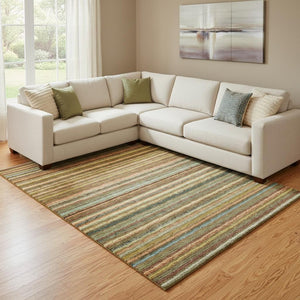 HomeRoots 8' Coral Green and Blue Striped Washable Area Rug - Durable, UV-Protected, Stain-Resistant Design! 650786