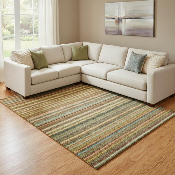 HomeRoots 8' Coral Green and Blue Striped Washable Area Rug - Durable, UV-Protected, Stain-Resistant Design! 650786