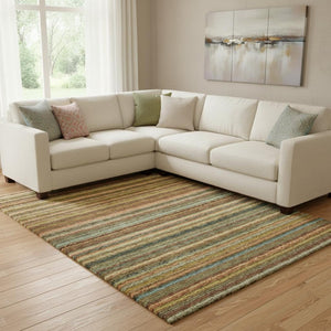 HomeRoots 9' X 12' Coral Green & Blue Striped Area Rug - Washable, UV-Protected, Durable for Family Spaces 650787