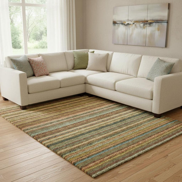 HomeRoots 9' X 12' Coral Green & Blue Striped Area Rug - Washable, UV-Protected, Durable for Family Spaces 650787