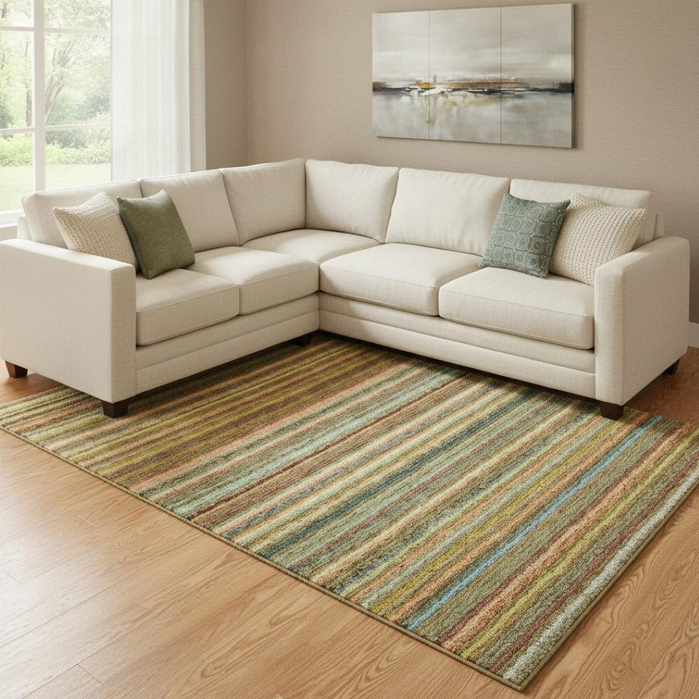 HomeRoots 10' Coral Green & Blue Striped Washable Area Rug - UV Protection, Stain Resistant, Perfect for Homes! 650788