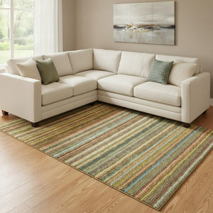 HomeRoots 10' Coral Green & Blue Striped Washable Area Rug - UV Protection, Stain Resistant, Perfect for Homes! 650788