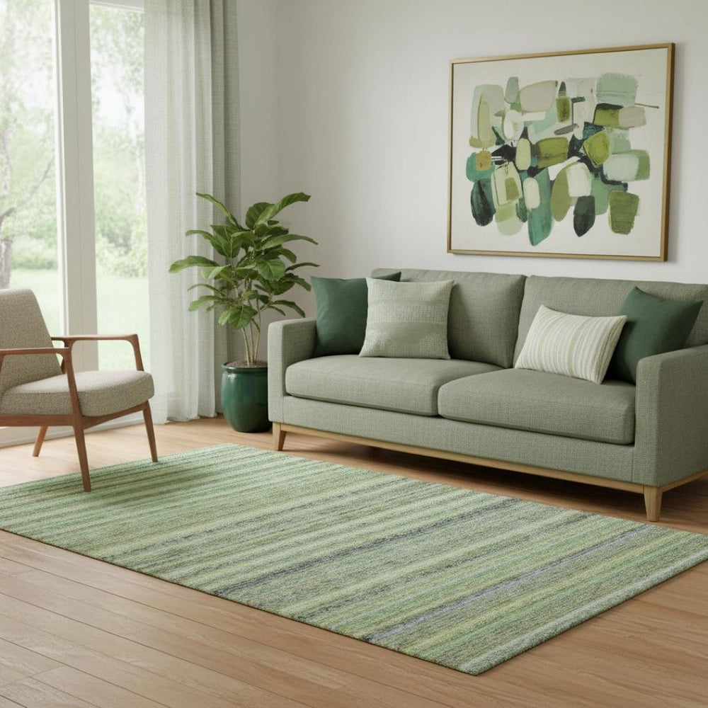 HomeRoots 5' X 8' Striped Washable Area Rug in Green and Blue - UV Protected, Pet-Friendly, Stylish Design 650790