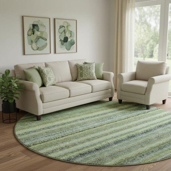 HomeRoots 8' Green And Blue Striped Washable Round Rug with UV Protection - Durable, Stylish, Easy Care Floor Accent 650791