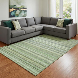 HomeRoots 10' X 14' Coastal Green and Blue Striped Washable Area Rug with UV Protection for Family Spaces 650794